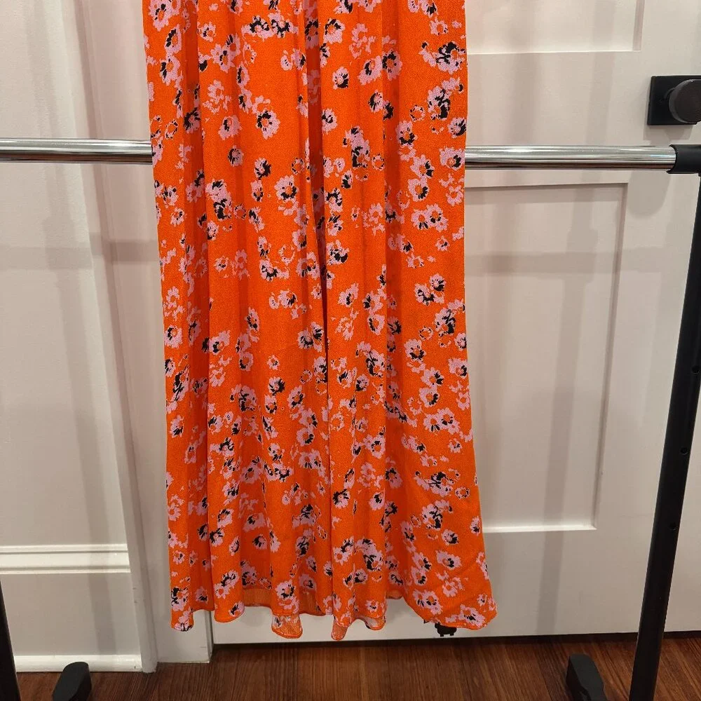 Whistles Vibrant Orange Floral Print Midi Dress, Size 2